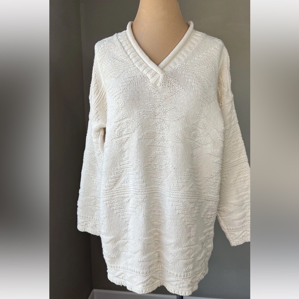Vintage Ivory Western Aztec Jacquard Knit Cotton Pullover Sweater S